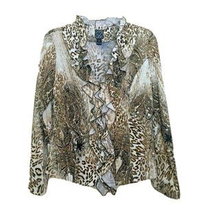 Clara Sun Woo Animal Print Paisley Zip Blouse Top Small Stretch Business Casual